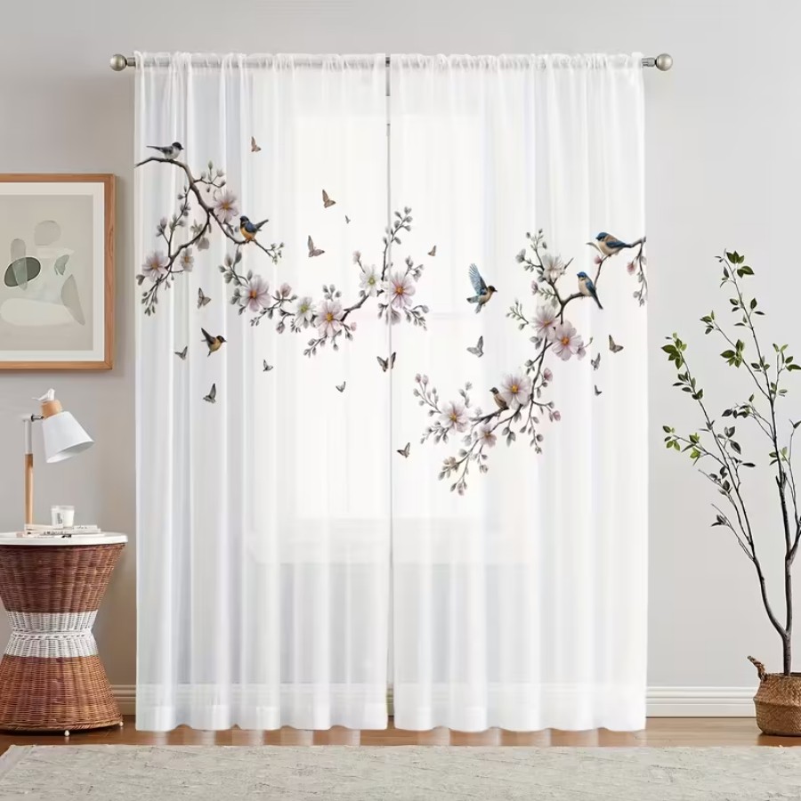 2PCS Digital Print Sheer Curta - Flower Wall Panel 评论和价格